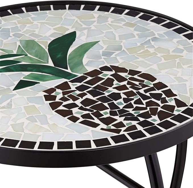 Teal Island Designs Beige Pineapple Modern Black Metal Round Outdoor Accent Side Table 14" Wide Black Glass Mosaic Tabletop Gracefully Curved Legs for Front Porch Patio Home House Balcony Deck Shed