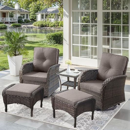 5 Pieces Outdoor Wicker Patio Furniture Set-High Back Outdoor Rocking Chairs Set of 2 with Ottoman Patio Conversation Sets for Deck Lawn Porch Balcony Poolside-Brown/Grey