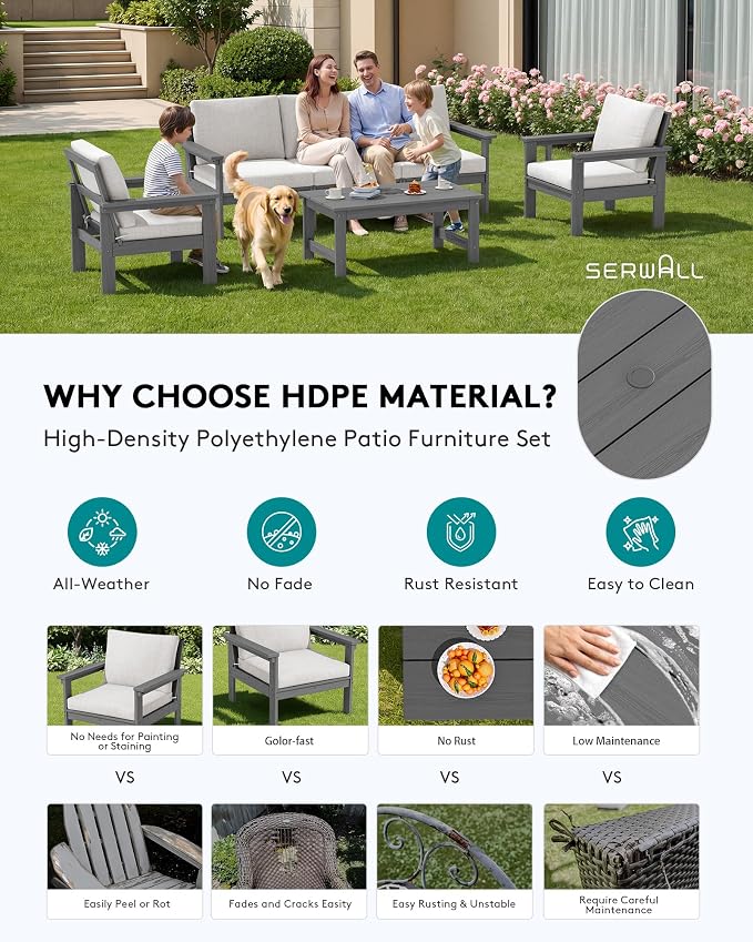 SERWALL HDPE Outdoor Patio Furniture Set with Coffee Table