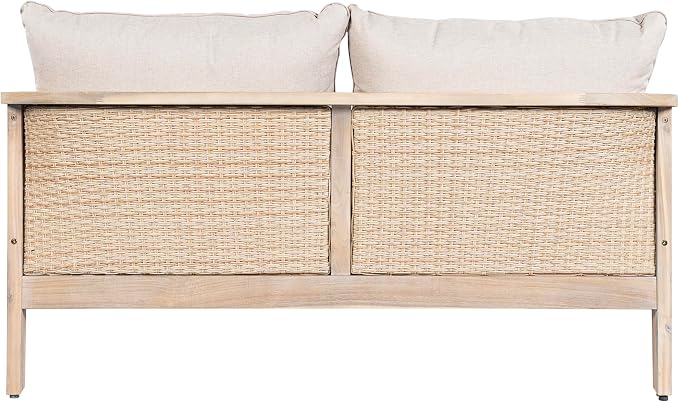 Merax Outdoor Wood and Wicker Loveseat, Light White Finish with Beige Cushion, Acacia Wood 2-Seater Patio Garden Sofa