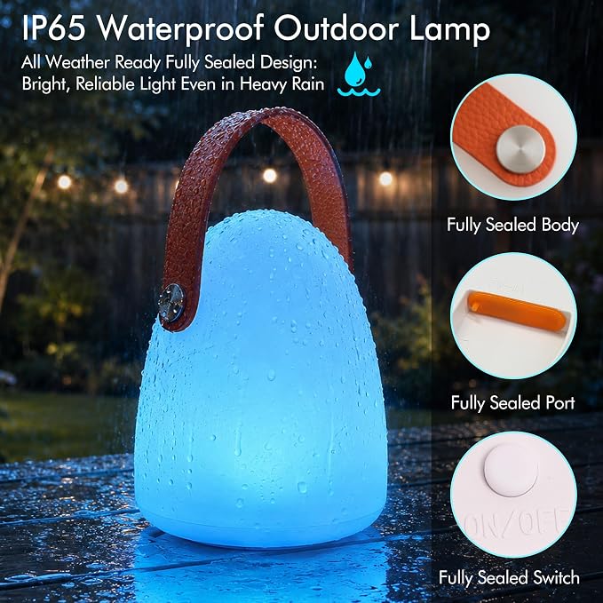 Set of 2 IP65 Waterproof Outdoor Rechargeable Table Lamps for Patio | RGBW Cordless Light, Cute Dimmable Ambient Portable Lantern for Garden, Camping, Balcony, Indoor Decor