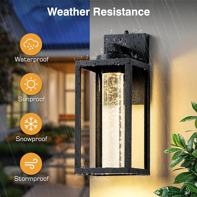 VIANIS Large Exterior Lighting Fixtures Wall Mount for House, Modern Black Dusk to Dawn Built-in LED Outdoor Garage Lights, Anti-Rust Outdoor Sconce Lights for Porch, Patio with Crystal Bubble Glass