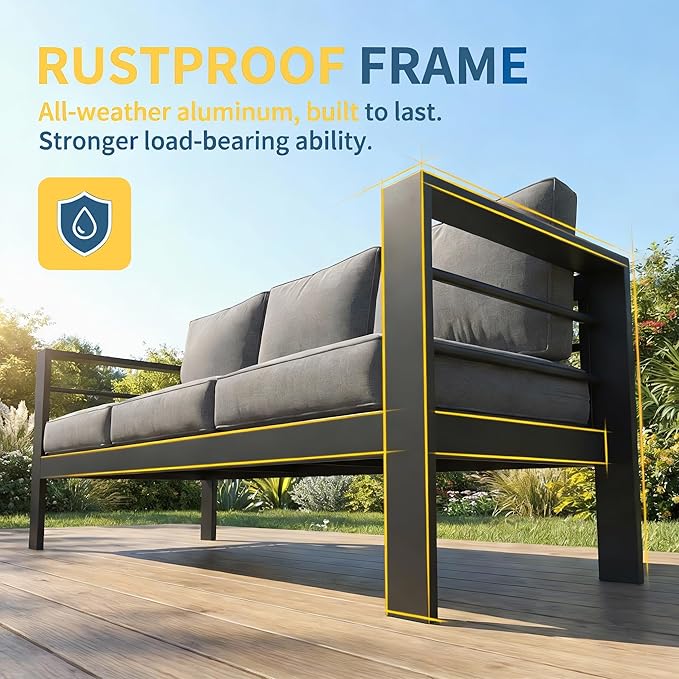 Solaste Aluminum Patio Furniture Set for All Weather, Oversized Metal Outdoor Furniture Set with 27.5" Deep Seating and 3.2" Wide Armrest, Outdoor Patio Conversation Sets with 10" Back Suport Cushion