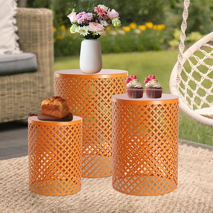 Outdoor Side Table, 3PCS Round Metal Frame Coffee End Tables, Modern Decorative Garden Stool, Multifunctional Nesting Side Table for Garden, Balcony, Cafe, Park, Pool Side (Orange)