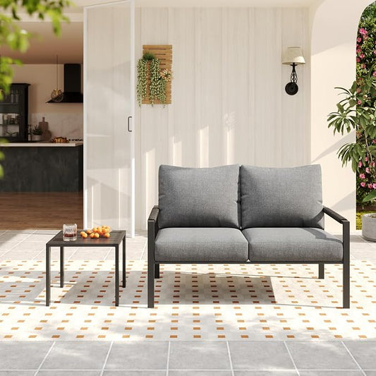 2 Pieces Rattan Outdoor Furniture Set, All-Weather Patio Loveseat with Dark Grey Cushions and Coffee Table for Garden, Backyard, Balcony, Poolside