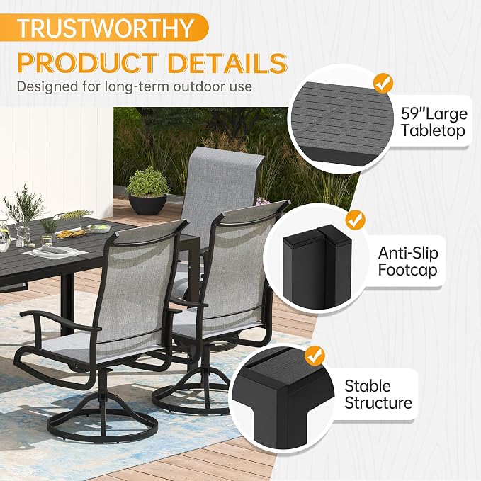 PIZZELLO 7-Piece Outdoor Patio Dining Set with 6 Swivel Patio Chairs and 59"x 35" Rectangular Dining Table, All Weather Patio Dining Furniture Set for Backyard, Garden, Deck and Poolside