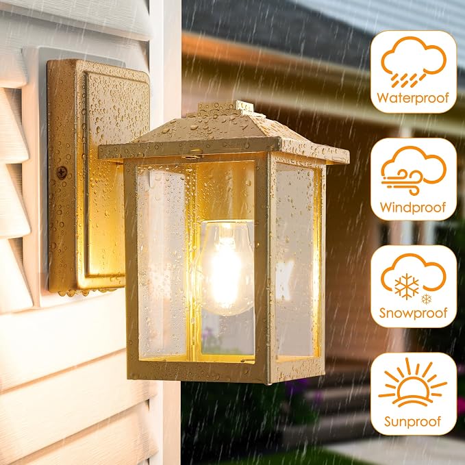 MATAMEYE Outdoor Wall Light Fixture, Exterior Waterproof Porch Lighting | Gold Patio Wall Lantern, Anti-Rust, Clear Glass, E26 Socket, Wall Mount Sconce Lighting, Outside Front Door Light Entryway