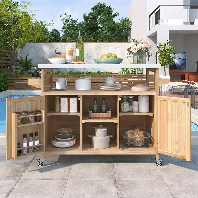 Large Outdoor Rolling Patio Bar Table Cart, Outdoor Kitchen Island Cart Grill Table, Farmhouse Solid Wood Outdoor Serving Cart Prep Table with Stainless Steel Top for Grill/Kitchen, Natural