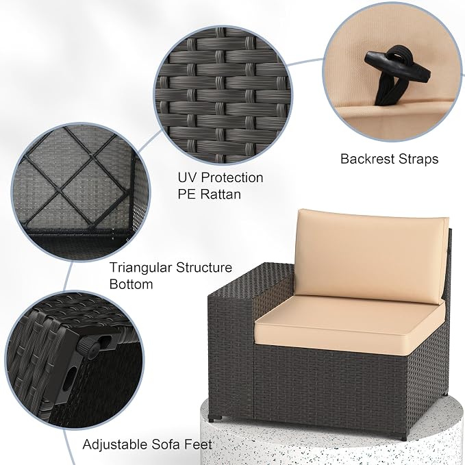 Patio Furniture Set, 6PCS Patio Sectional with Ottoman Wicker Rattan Outdoor Furniture with Thickened Cushion Modular Wicker Patio Conversation Set with Glass Top Table for Balcony, Backyard(Khaki)