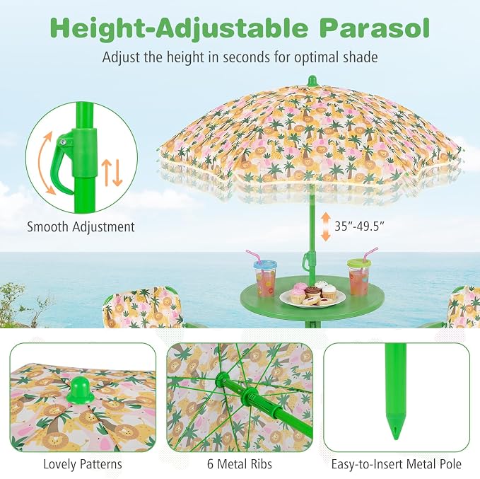 KOTEK Kids Picnic Table with Umbrella, Outdoor Table & 2 Folding Chairs, Cute Pattern Children’s Patio Furniture, Portable Kids Table and Chair Set for Backyard, Garden, Beach (Green Forest)