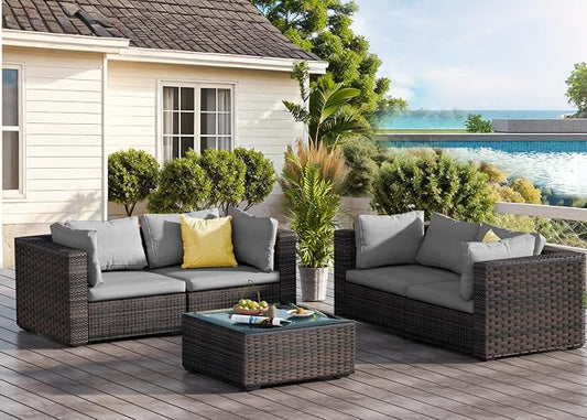 Patio Furniture Set 5 Piece All Weather PE Rattan Outdoor Sectional Sofa Couch with 4 x arm Sofa, No-Slip Cushions and Glass Top Table for Garden, Poolside, Backyard (Gray)