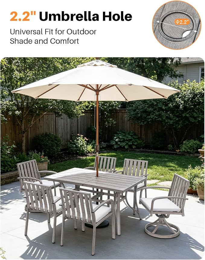 Aluminum Patio Dining Table for 6, Never Rusts Outdoor Rectangle Dining Table with Umbrella Hole, Rustproof 6 Person Outdoor Dining Tables for Backyard, Deck, Garden, Poolside, Porch