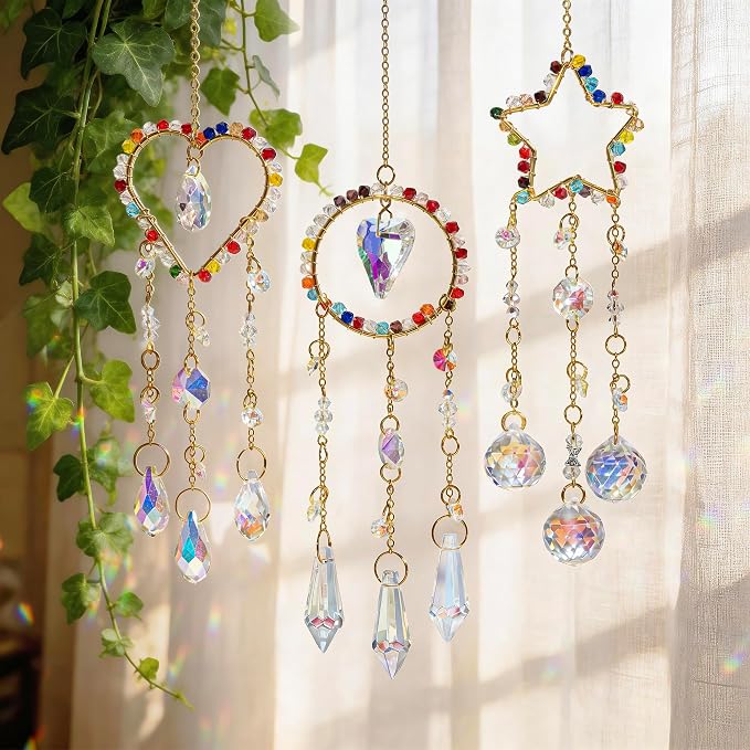 3 Pcs Crystal Suncatcher Rainbow Maker Star Heart Moon Window Decor | Star Heart Moon Crystal Suncatcher Rainbow Prism Pendant Hanging for Window Indoor Garden Car Home Display Decor