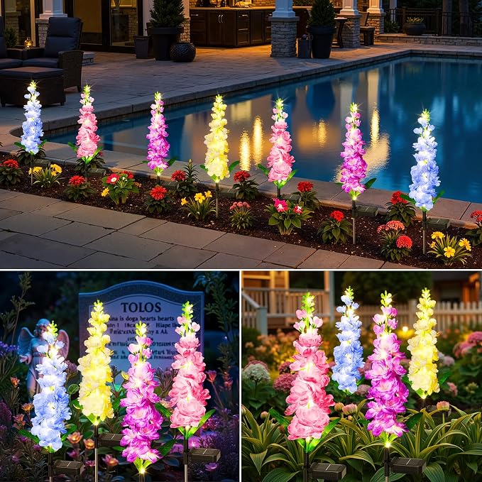 KOOPER Solar Lights Outdoor Garden Decor, 4 Pack Upgraded Delphinium Solar Garden Lights with 36 LEDs, Vivid Flowers Outdoor Waterproof for Landscape Patio Yard Decor