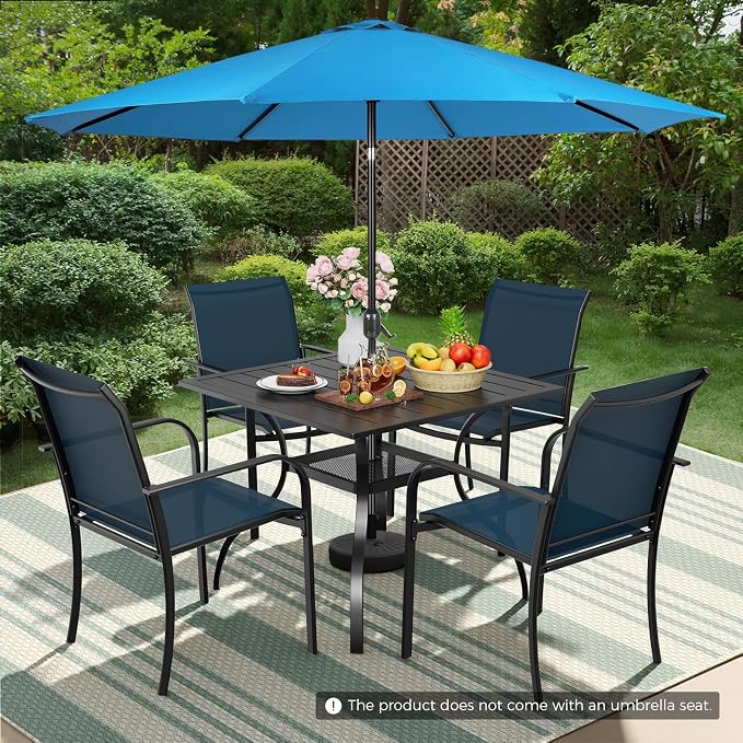 SUNCROWN 6 - Piece Outdoor Dining Set, Patio Furniture Set with 4 Textilene Dinning Chairs, 1 Steel Slat Metal Bistro Table and 1 Sky Blue 9Ft Patio Umbrella for Lawn Garden Backyard Deck, Blue