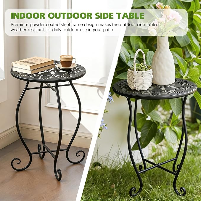 Arbuxzuy 3 Packs 17" Tall Round Metal Outdoor Side Tables for Patio, Decorative Black Flower Pot Stand, Rustproof Potted Holder, 120 lbs Load Capacity
