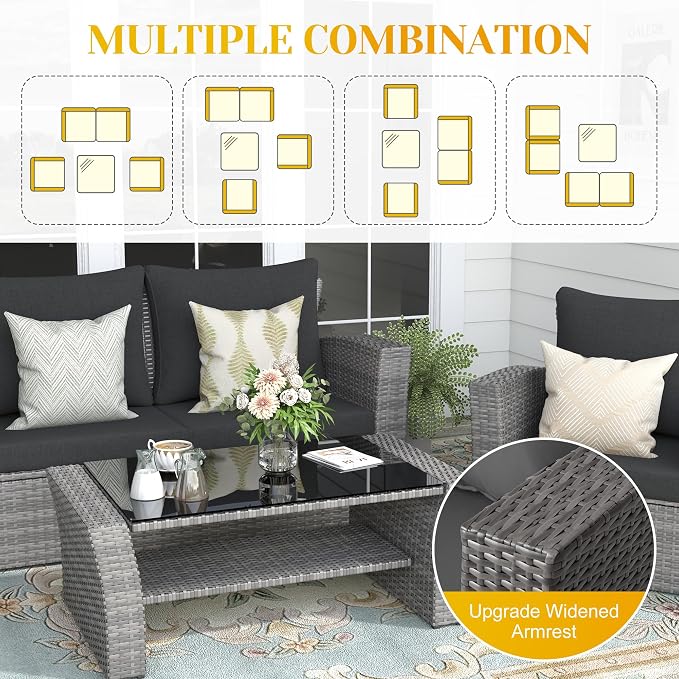 FansaFurn 4-Piece Outdoor Patio Furniture Set, All Weather Wicker Rattan Sectional Sofa Conversation Seating Set with Cushions & Large Glass Coffee Table, Ideal for Garden Backyard Porch, Dark Grey