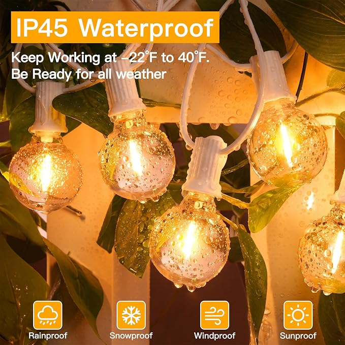 Ollny 50FT Outdoor String Lights, Waterproof Connectable Shatterproof Outside Light with 25 Edison + 2 Spare LED Bulbs Plug in, Patio Lights for Indoor Balcony Porch Camping Deck White