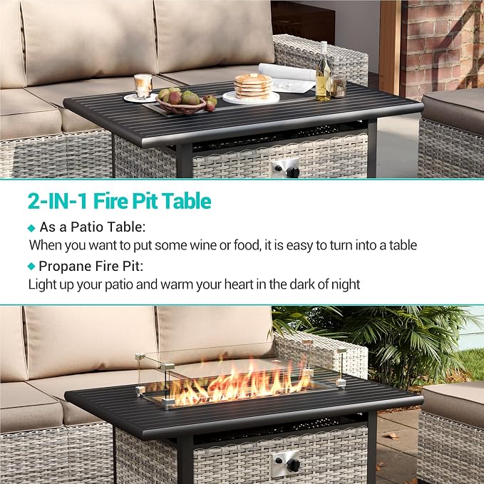 8-Piece Outdoor Patio Furniture Set with 55,000 BTU Fire Pit Table, PE Wicker Rattan Sectional Sofa Conversation Set - All-Weather Garden, Backyard Furniture, Beige