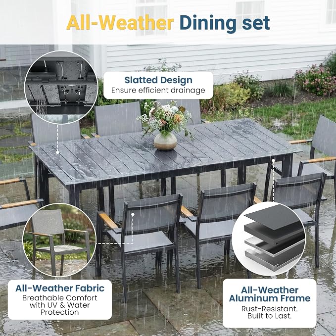 Wisteria Lane Aluminum Outdoor Patio Table and Chairs Set with 121" L-81 L Expandable Dining Table, 9-Pieces Outdoor Dining Set for 8, Patio Furniture Set with Stackable Quick Drying Chairs, Grey