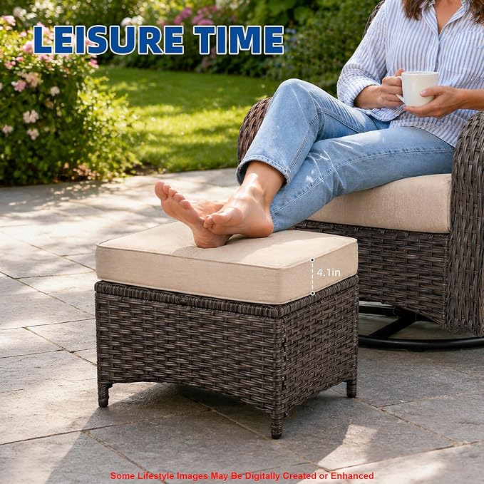 5-Piece Outdoor Swivel Chairs with Ottoman and Side Table, Patio Glider Chair with 6" Thick Cushions, Weather-Resistant Rattan Patio Furniture Set, for Yard, Poolside, Porch, Deck