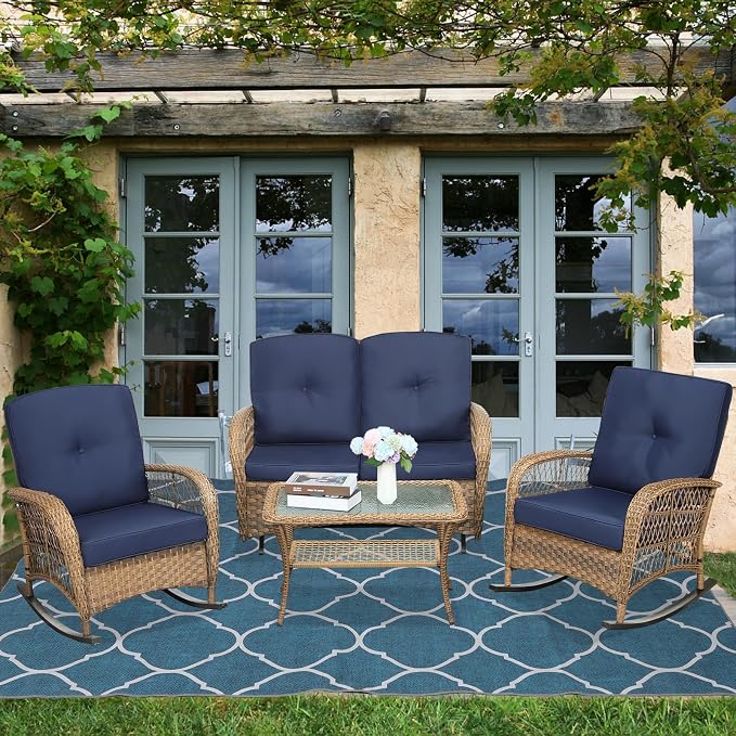 4-Piece Wicker Patio Furniture Sets Outdoor All-Weather Rattan Conversation Set Includes Glider Loveseat, Glass-Top Coffee Table, 2 Rocking Chairs with Thickened Cushions, Navy Blue