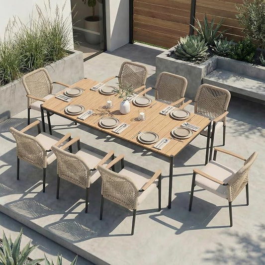 SUNSITT 9 Piece Outdoor Patio Dining Set, Patio Dining Furniture Set with 82.6” Metal Dining Table w/WPC Tabletop and 6 Woven Rope Patio Chairs w/WPC Armrests for Garden, Beige