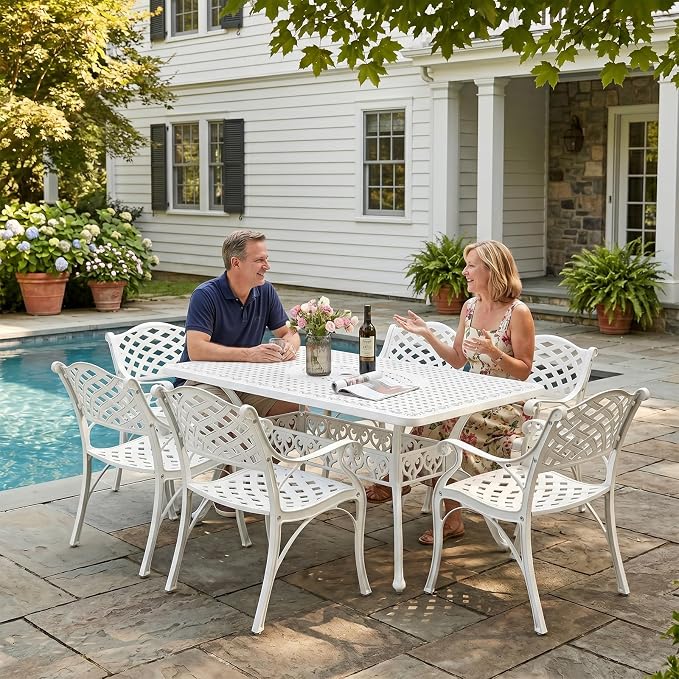 VIVIJASON 7-Piece Patio Furniture Dining Set, All-Weather Retro Cast Aluminum Outdoor Conversation Set, Include 6 Chairs and a Rectangle Table with Umbrella Hole for Balcony Lawn Garden, White