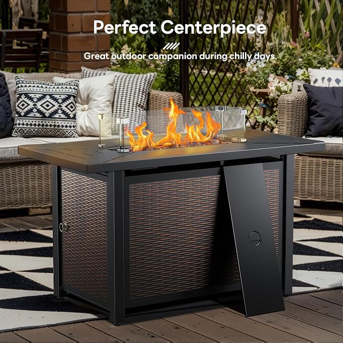 Luxury High Back Outdoor Furniture with 6-inch Extra Thick Cushions, Patio Furniture Set with Fire Pit Table & Swivel Chairs, 9 PCS Wicker Conversation Set for Yard, Deck, Poolside, Brown/Grey