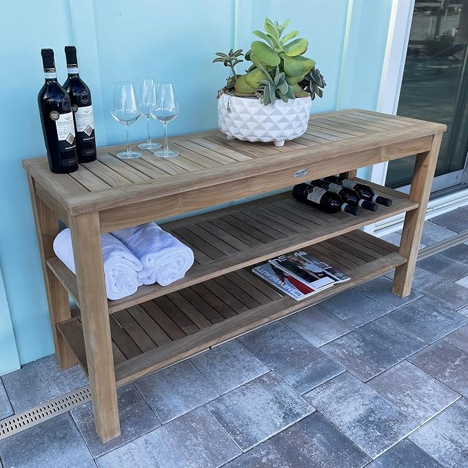 Royal Teak Collection Console Table with Two Shelves, 60-Inch Rectangular Wooden Outdoor Teak Table with Storage Shelves, Outdoor Furniture for Deck, Garden, Poolside or Buffet Serving