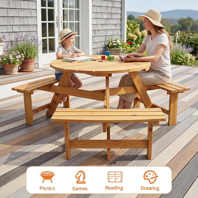 Garvee 6 Person Wooden Picnic Table, Outdoor Picnic Tables with 3 Built-in Benches, Circular Camping Dining Table and Chairs Set with Umbrella Hole for Garden, Patio, Backyard, Natural Wood