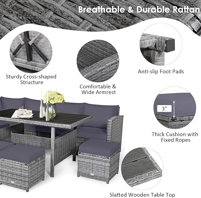 Tangkula 7 Pieces Patio Furniture Set, Outdoor Sectional Rattan Dining Sofa Set with Cushions, All Weather Wicker Conversation Couch Set with Dining Table & Ottomans for Yard Garden Poolside, Grey