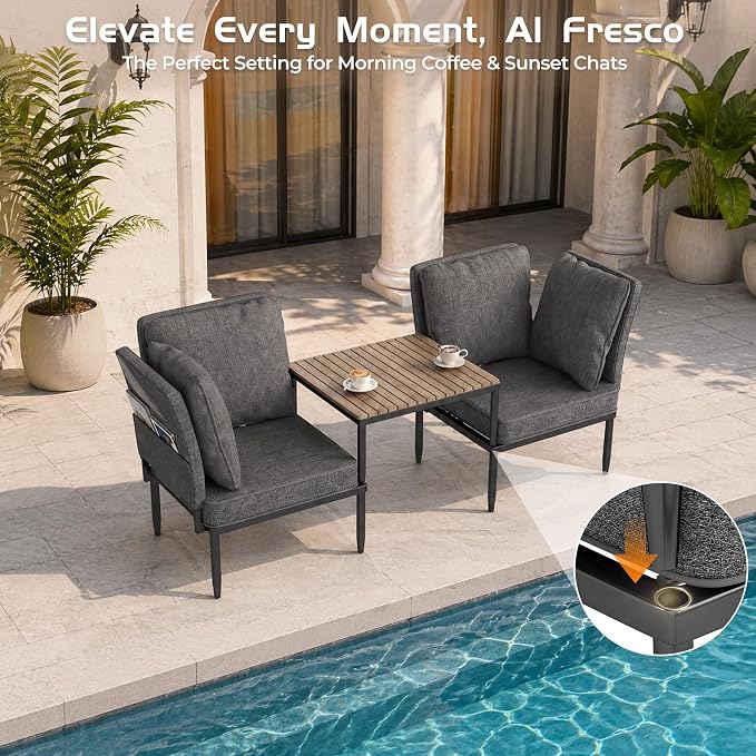5 in 1 Modular Patio Furniture Set, 3 Piece Aluminum Convertible Outdoor Sectional to Loveseat, Tanning Chair, All-Weather Seating for Balcony, Apartment, Gray