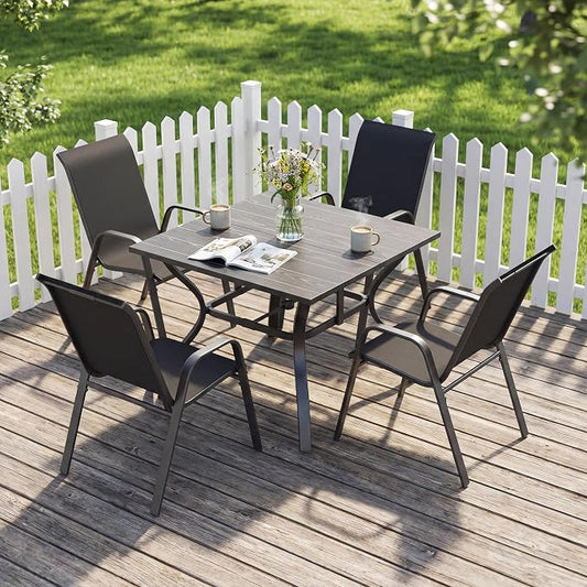 5 Pieces of Outdoor Dining Set - Square Patio Table with Umbrella Hole and 4 Stackable Dining Chairs All-Weather for Garden, Deck, and Poolside (Black, 38“L x 38“W x 28"H Square Dining Table)