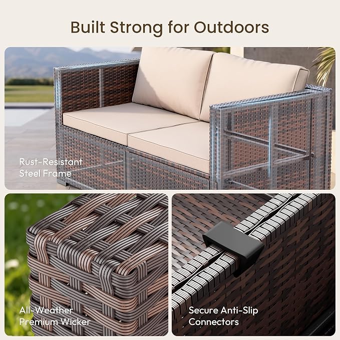 Patio Furniture Set - All-Weather -5 Piece Outdoor Patio Conversation Couch Sets, Modular Wicker Rattan Sectional Sofa for Garden, Patio, Poolside, Backyard, Balcony, Porch,Khaki