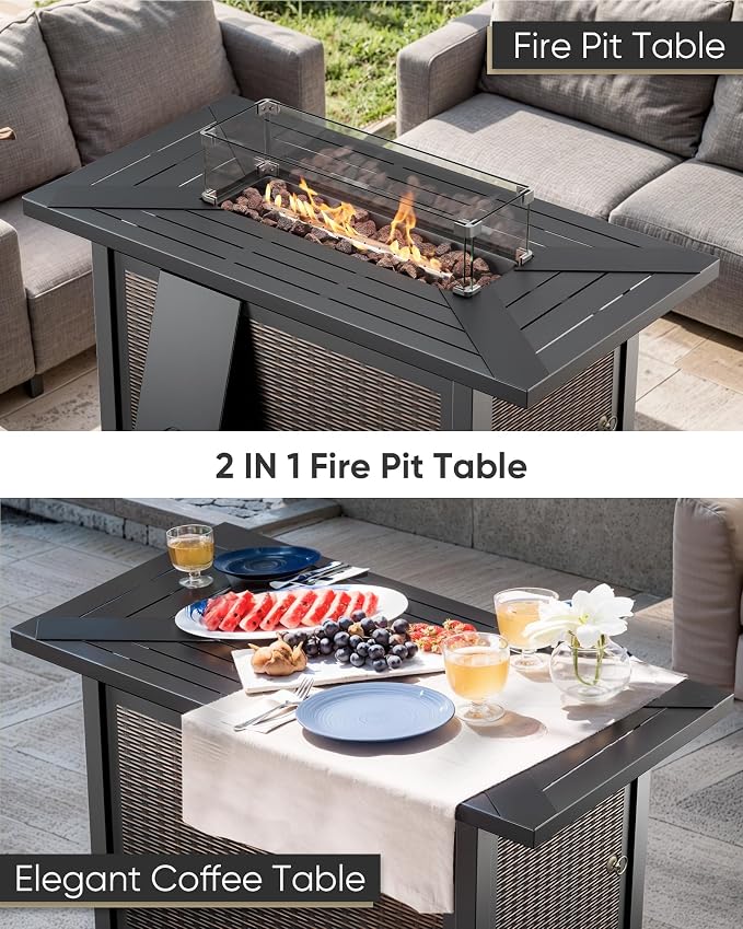 HUMMUH Patio Furniture Set -10 Piece Outdoor Furniture Set with Fire Pit Swivel Rocker Chairs for Porch,Backyard,Poolside
