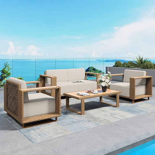 SUNSHINE VALLEY 4 Pieces Patio Furniture Set, Outdoor Rattan Wicker Conversation Set with 10''Ultra-Thick Cushions, Low Profile Patio Conversation Set for Lawn Garden Backyard,Beige