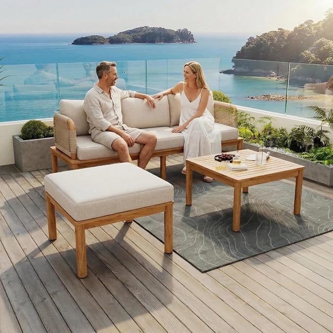 Patio Furniture Set of 3, Outdoor Sectional Furniture with Coffee Table and Ottoman, All-Weather Patio Conversation Set for Backyard, Garden and Poolside (Series A)