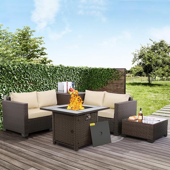 WAROOM Patio Furniture Set 5 Pieces Outdoor Conversation Sets PE Rattan Couch Loveseat Resin Wicker Sectional Sofa with Storage Box Coffee Table and Propane Fire Pit, Khaki Cushion
