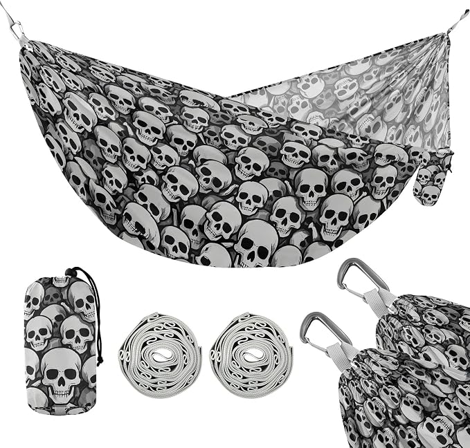 Camping Hammock Outdoor Hammocks for Outside Skull Gray Beach Trees Portable Lightweight with Pockets Tree Straps Indoor