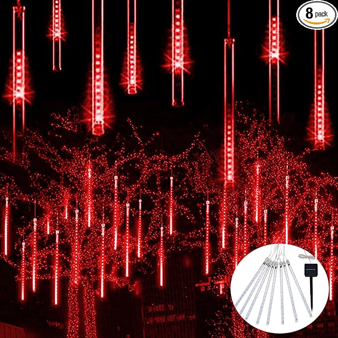 JMEXSUSS Red Solar Christmas Lights Outdoor, 8 Tube 144 LEDs | Solar Meteor Shower Rain Lights, Red Twinkle Light for Tree Eaves Fence Christmas Decorations