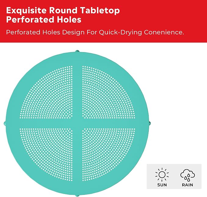 Costaelm Small Patio Table, Outdoor Round Dining Table, Weather Resistant Outside Table for Poolside Deck Lawn Garden Backyard, Turquoise