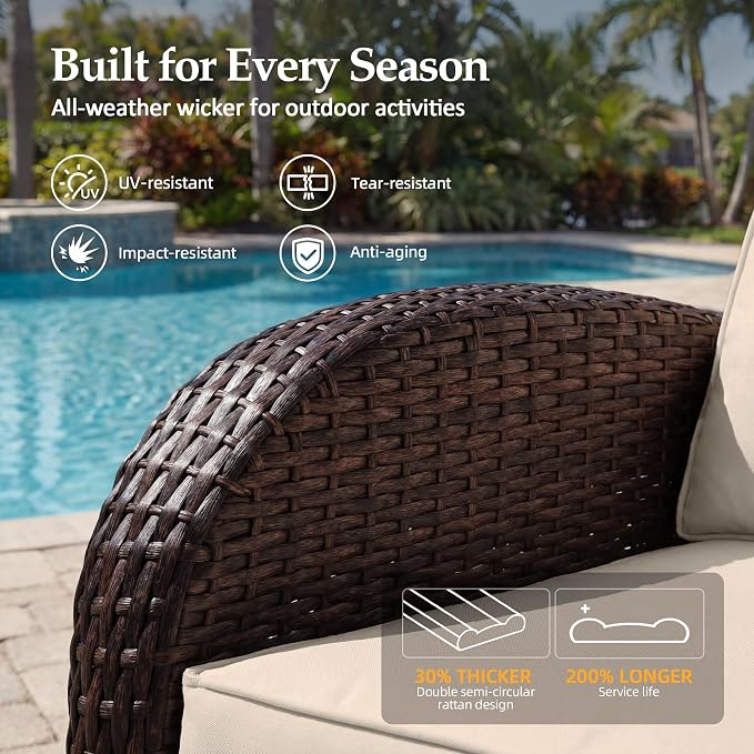 UPHA 6 Pieces Patio Furniture Sets, Wicker Outdoor Sofa Set with Loveseat & 3-Seat Couch, Swivel Chairs, Patio Conversation Set for Deck Backyard Garden, Brown Rattan, Beige Cushion
