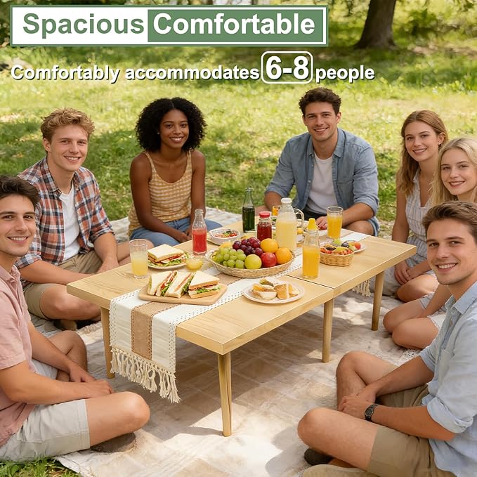 Folding Picnic Table with Table Runner, 60" x 30" Large Wooden Japanese Floor Table, Portable Boho Low Picnic Table, Adjustable Heights Legs, for Indoor Outdoor Camping, for 6-8 People