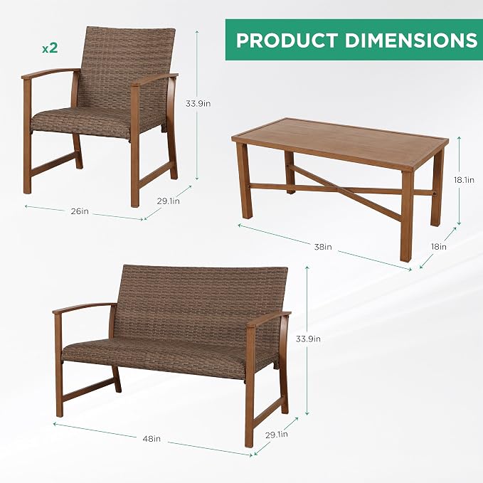 4-Piece Patio Furniture Set, Wicker Outdoor Conversation Set with Coffee Table and Padded Seat Cushions, Rattan Sectional Sofa for Yard, Garden or Patio, Brown