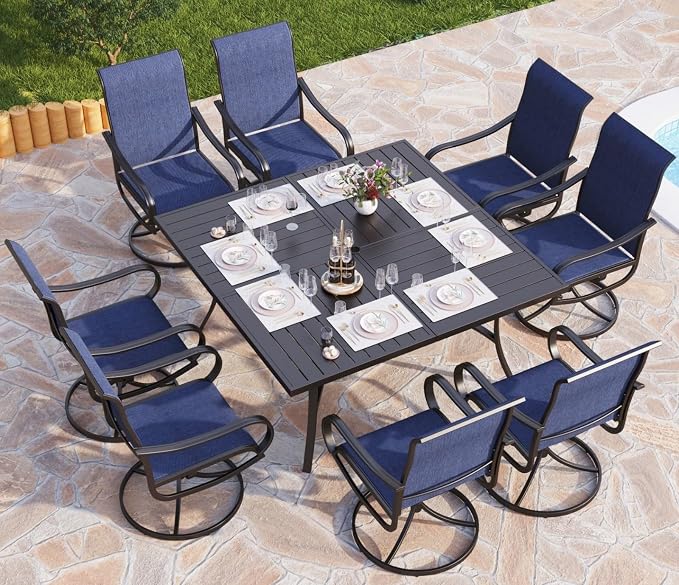 PHI VILLA Outdoor Dining Set for 8, Swivel Mesh Chairs & Square Table, Blue | Textilene chairs and large 57.5'' metal table with umbrella hole. All-weather patio furniture set designed for patio, deck