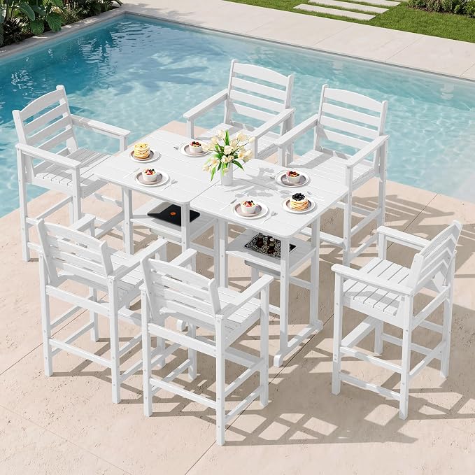 SERWALL Adirondack Bar Chairs and Table 8 Pieces Set, HDPE Bar Height Chairs Set of 2 and Bar Table with Ice Bucket, Outdoor Bar Stools Set for Dining, Balcony, Poolside, Backyard, White