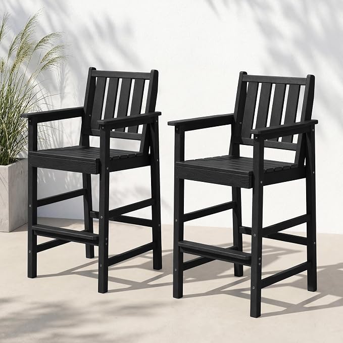 Adirondack Bar Chair Set of 2, All Weather HDPE Counter Height Bar Chair with Wide Armrests & Footrest, Heavy-Duty Outdoor Bar Height Barstools Set for Patio, Balcony, Pool, Backyard, Black