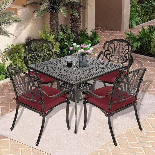 5-Piece Outdoor Patio Dining Set, All-Weather Cast Aluminum Patio Table Set, Include 4 Cushioned Chairs and a 35.4 inch Square Table w/Umbrella Hole for Balcony Garden Backyard, Red