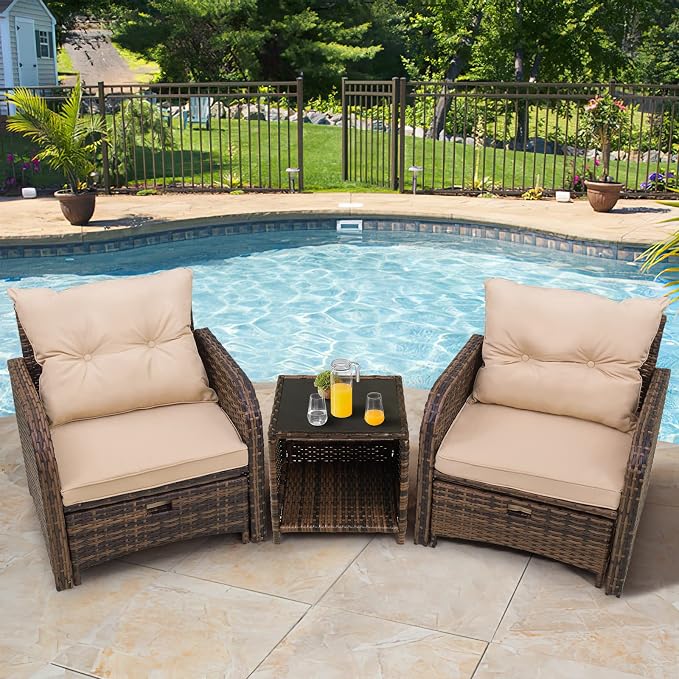 5 Pieces Outdoor Patio Chairs with Ottomans, PE Wicker Rattan Outdoor Furniture w/Footstool Sets, Front Porch Furniture Set, Wicker Patio Conversation Sets for Garden Lawn Balcony(Beige)